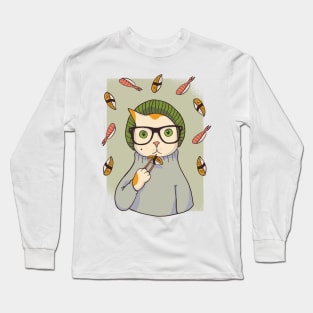 Hipster Cat eating Sushi Long Sleeve T-Shirt